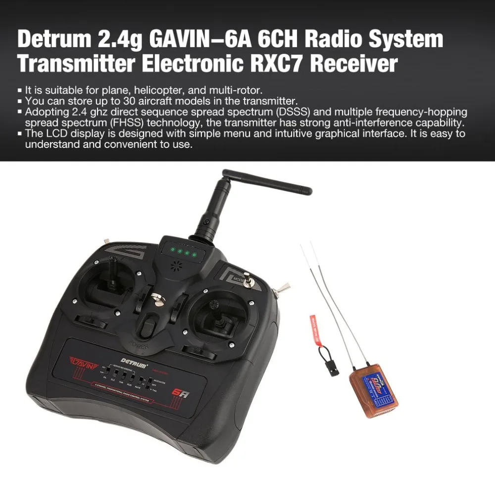 

Detrum 2.4g GAVIN-6A DSSS FHSS 6CH Radio System Transmitter Electronic RXC7 Receiver for RC Plane Boat Car Model