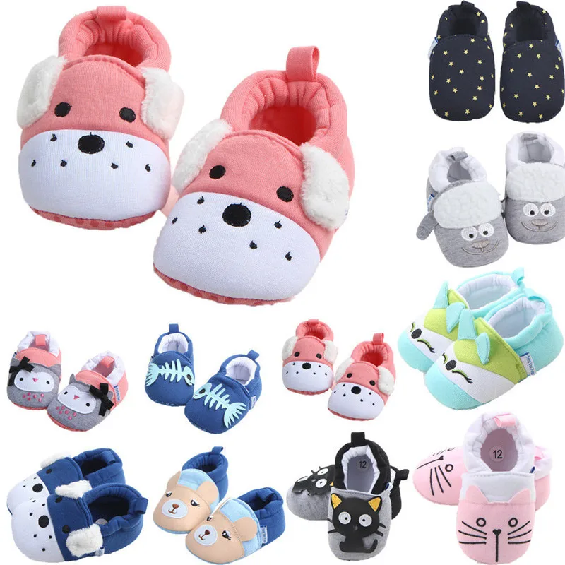 Новые брендовые Детские пинетки для малышей, новорожденных мальчиков и девочек с животными, мягкая Нескользящая теплая обувь для малышей с изображением животных