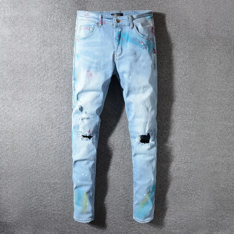 Высокие уличные светлые джинсы с порванными коленями стрейч мужские s обтягивающие джинсы хип хоп джинсовая одежда уличная мужская одежда
