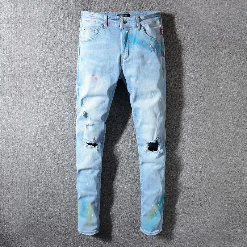 

High Street Light Color Knee Hole Jeans Stretch Mens Skinny Jeans Hip Hop Denim Clothes Streetwear Men Clothes 2018