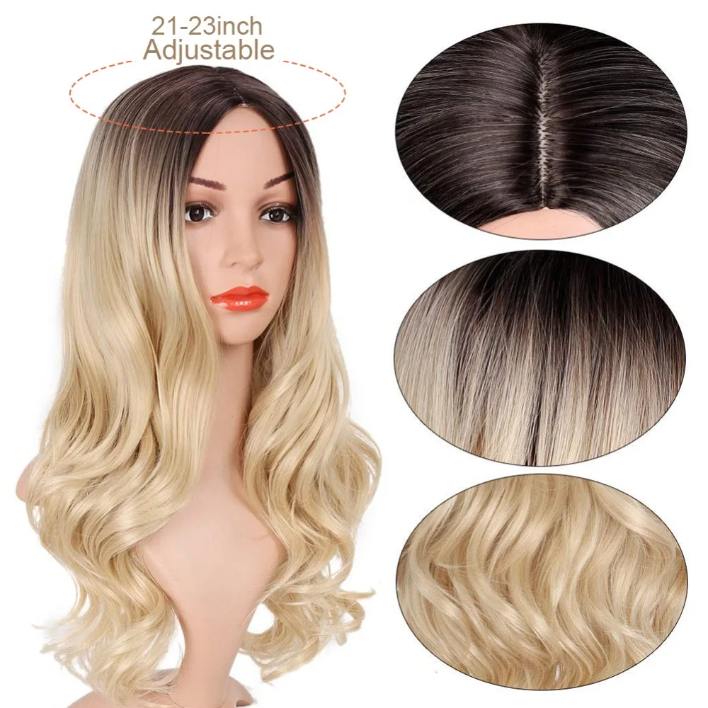 Pageup Middle Part Ombre Blond Wig For Women Heat Resistant Fiber Ladies Daily Cosplay Long Wavy Hair Curly Synthetic Blonde Wig (5)