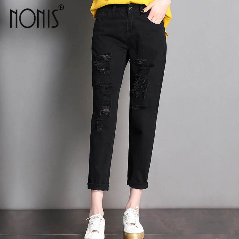 Nonis, белые, черные рваные джинсы для женщин,, женские широкие брюки, свободные брюки, средняя талия, женские рваные джинсы, не эластичные