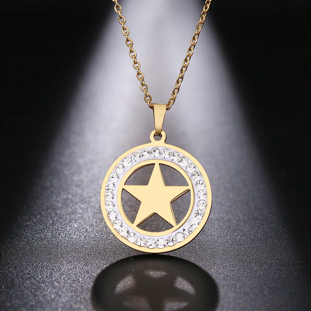 Cacana Stainless Steel Crystal Round Pendants Necklace Women Jewelry Pentagram Trendy Necklaces  Donot Fade Valentine's Day Gift (6)
