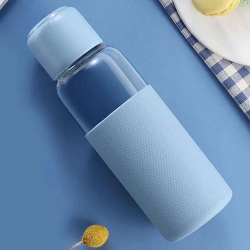 

350ml Colorful Glass Water Bottles Portable Drinking Bottle With Silicone Sleeve Heat-resistant Leak-proof Glass Bottle