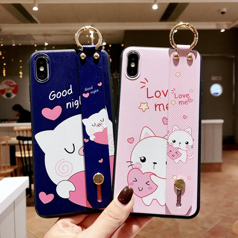 

Wrist Strap Soft TPU Phone Case for iPhone 7 8 6S Plus Back Cover for iPhone X XS Max XR Cute Cartoon Cat Pattern Phone Holder