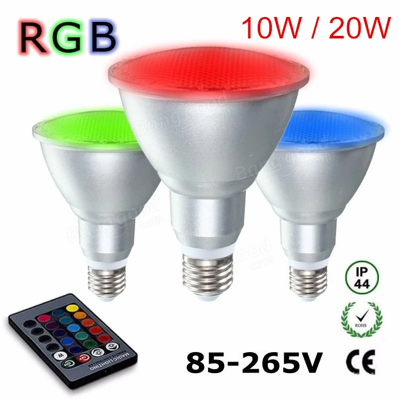 

E27 Par30 10 Вт/Par38 20 Вт RGB Светодиодный прожектор с регулируемой яркостью AC85V-265V зонтичная лампа из алюминия и стекла водонепроницаемая лампа с дистанционным управлением