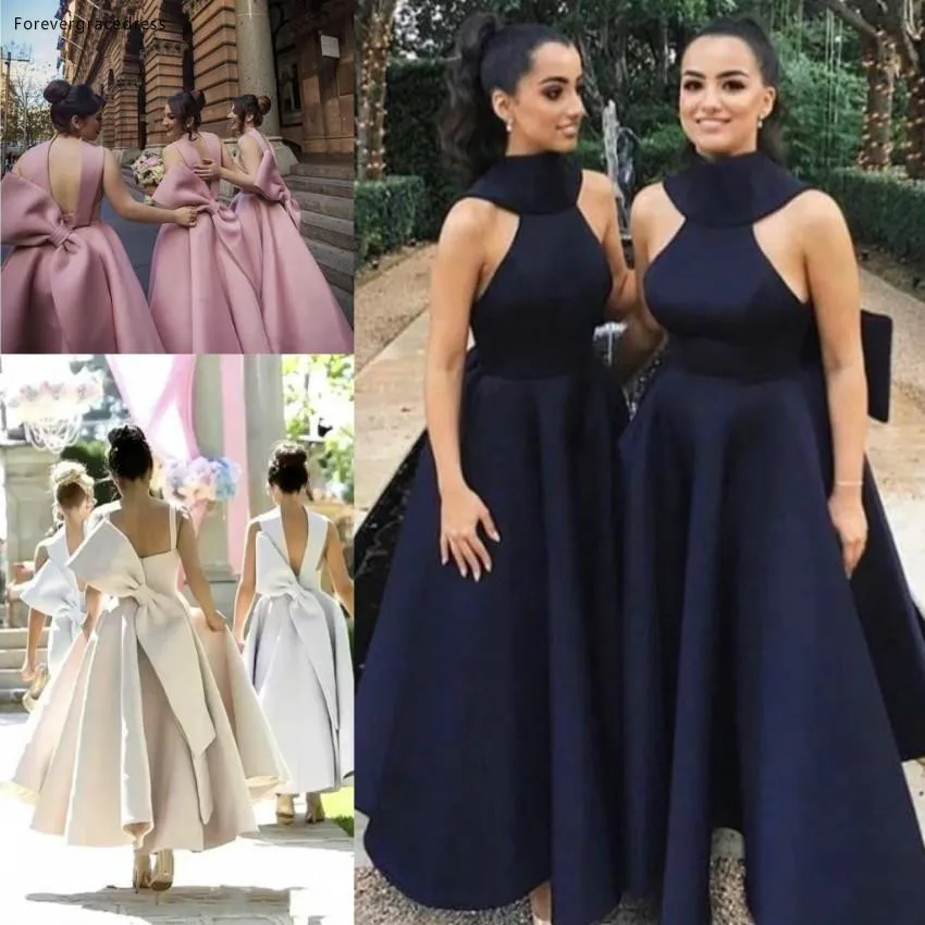 Stylish High Neck Bridesmaid Dresses Backless Ruffles Cocktail Dresses Big Bow Prom Evening Gowns Tea Length Custom Made  115