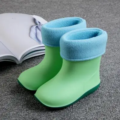 Детские Водонепроницаемые резиновые сапоги для мальчиков; нескользящая хлопковая теплая водонепроницаемая обувь для маленьких девочек; зимние детские резиновые сапоги - Цвет: Green cotton