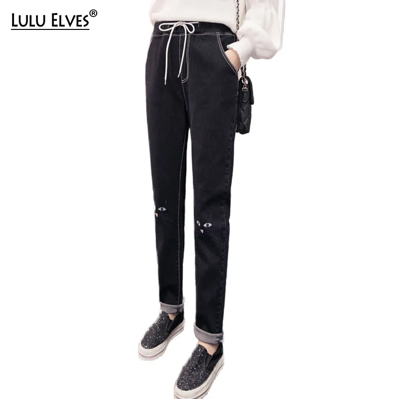 

Plus Size 5XL Female Embroidery Jeans High Elastic Waist Loose Jeans For Women Casual New Autumn Winter Full Length Long Pants