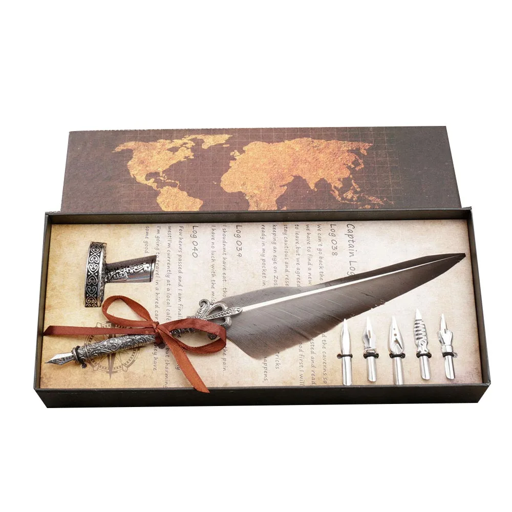 

(Q) 1Set English Calligraphy Feather Dip Pen Writing Ink Set Stationery Gift Box with 5 Nib Wedding Gift Quill Pen Fountain