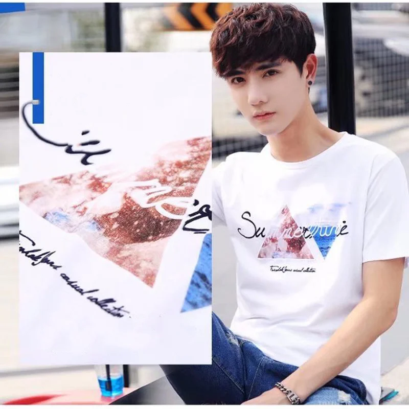 

Summer Short Sleeve T-Shirt Men's Youth Round Neck Casual Slim Shirt Print Half Sleeve Top Men's Shirt
