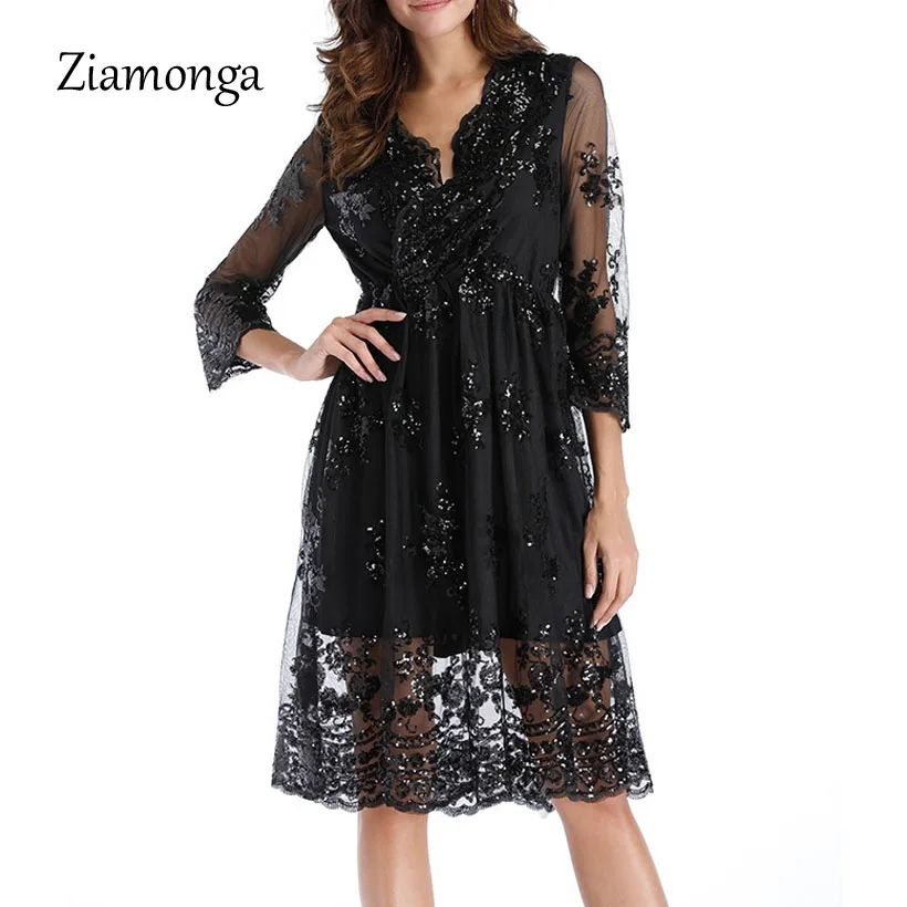 

Ziamonga 2019 New Sequin Embroidery Summer Dress Women Deep V Neck Mesh Sexy Dress Elegant Party Dress Clubwear Vestido De Festa