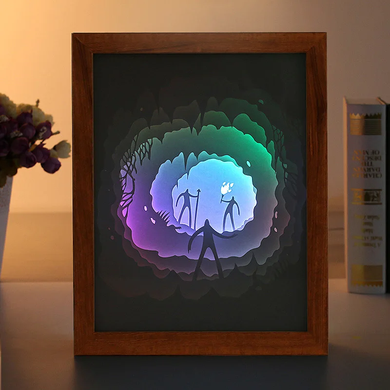 

3D Paper Carving Light Primitive Man 4 Colors Night Lights Wood Frame LED Night Lamp For Children's Room Decor Lamp Gift