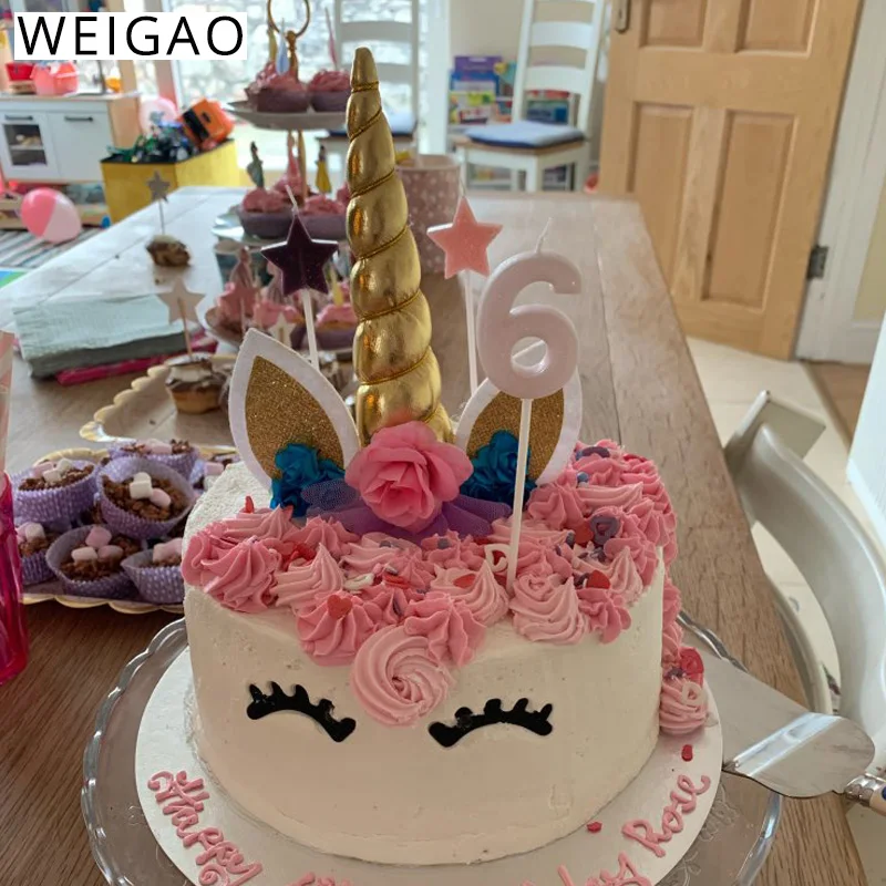 

1Pc Unicorn Cake Topper Reusable Gold Unicorn Horn Cake Topper with Eyelashes Ear for Unicorn Birthday Party Decoration Supplies
