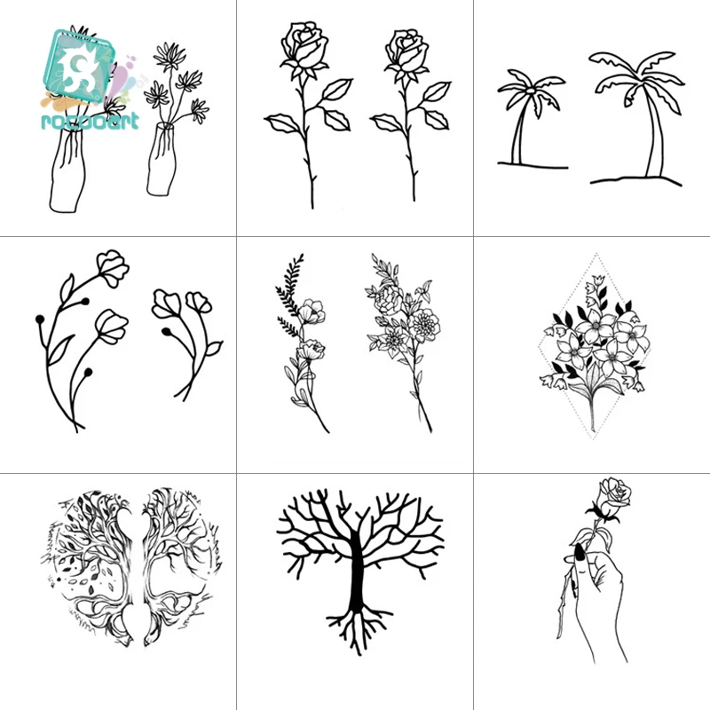 

Rocooart Black White Style Tattoo Sticker Tree Taty Flower Temporary Tattoo Sticker Rose Body Art Tatouage Fake Tatoo