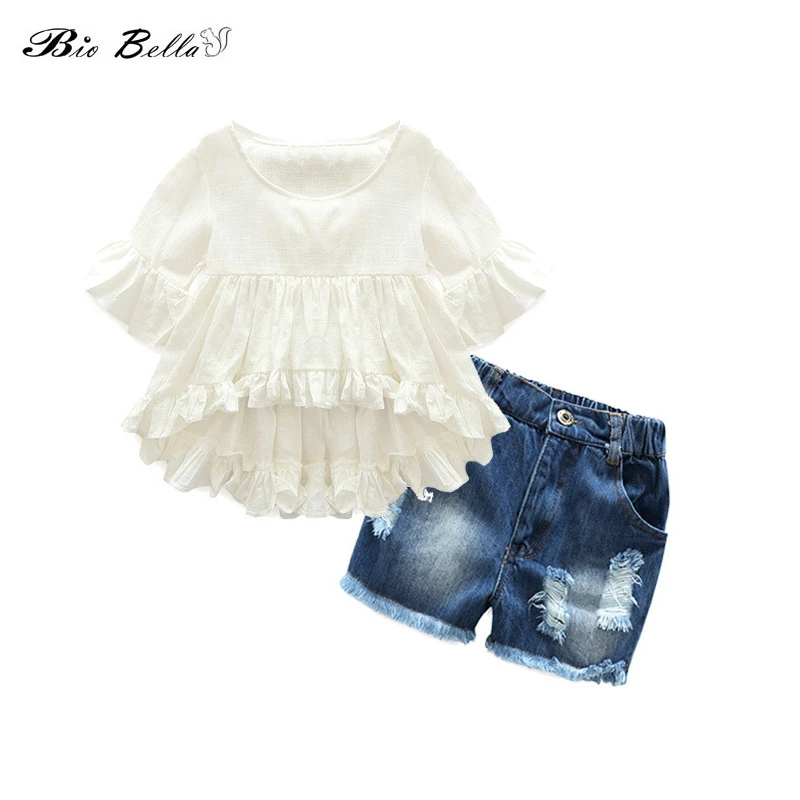 Fashion Girls Outfits Clothes Suit Front Short Back Long Irregular T Shirt Tops Denim Shorts 2pcs Ruffles Girl Set Clothing Sets Aliexpress