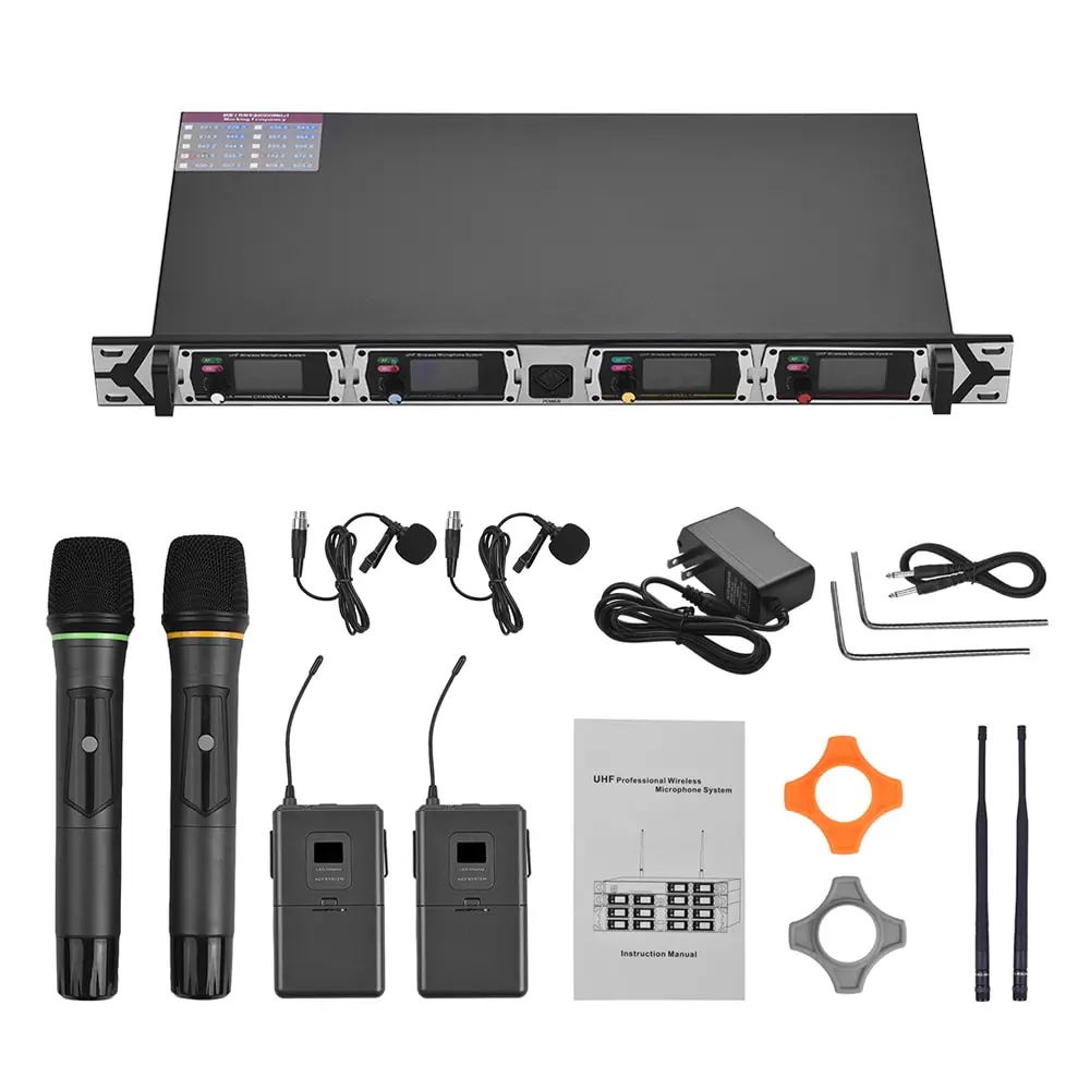 

Muslady D4-3 Professional 4-Channel UHF Wireless Microphone System Includes 2 Lapel Mics with Bodypack Transmitters
