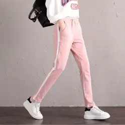 2019 демисезонный эластичный пояс мотобрюки женский уличный стиль черный, розовый серый сбоку полосатый спортивные штаны для женщин
