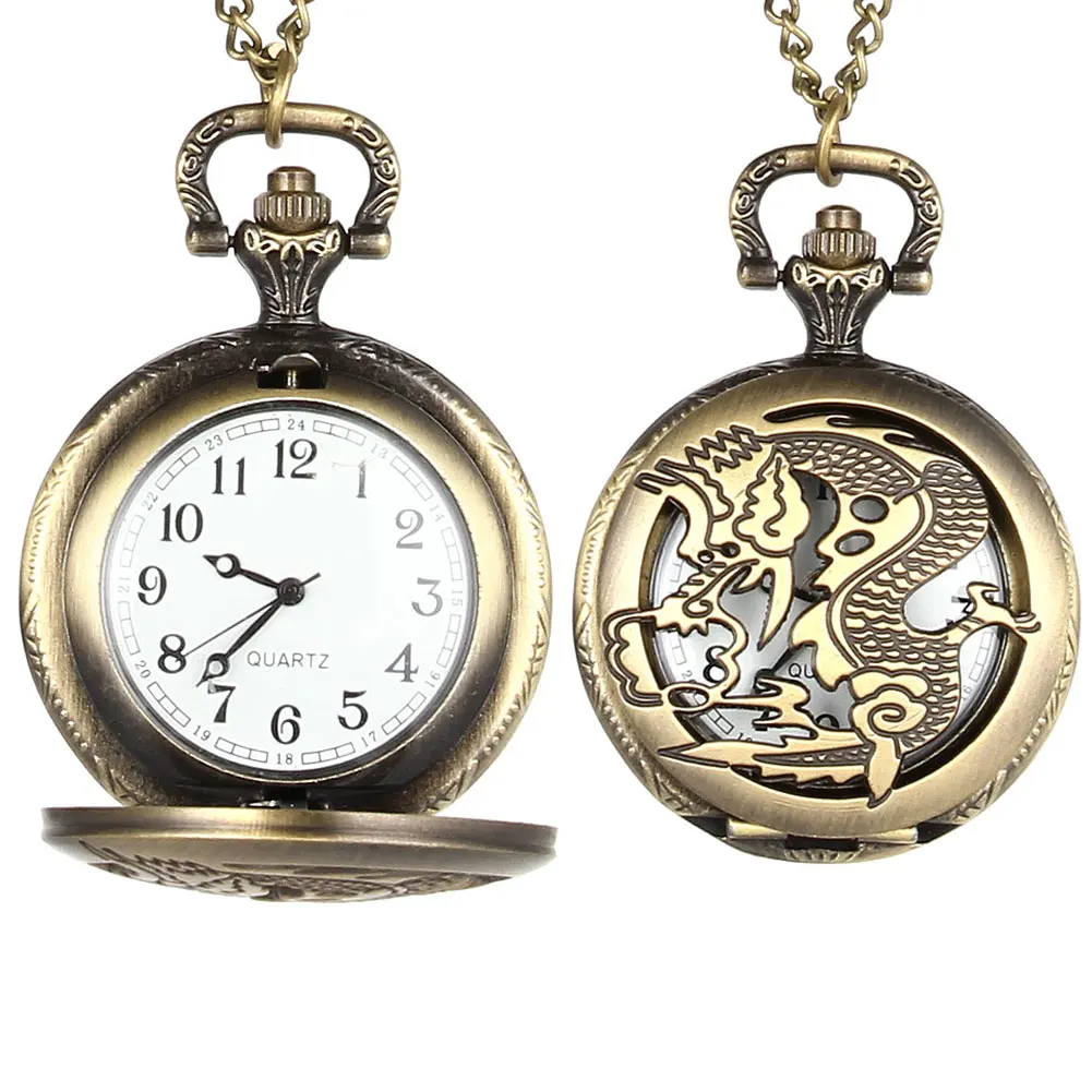 

Vintage Quartz Pocket Watch Hollow Out Dragon Flip Cover Alloy Chain Pendant Watches For Men Women TT@88