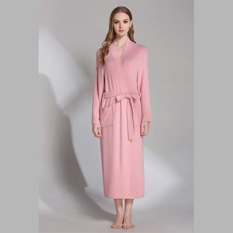 

2019 Spring Elegant Gown Dress Women Rayon Robes Ladies V-neck collar Long Robe with belt Female Simple Bathrobe with pocket