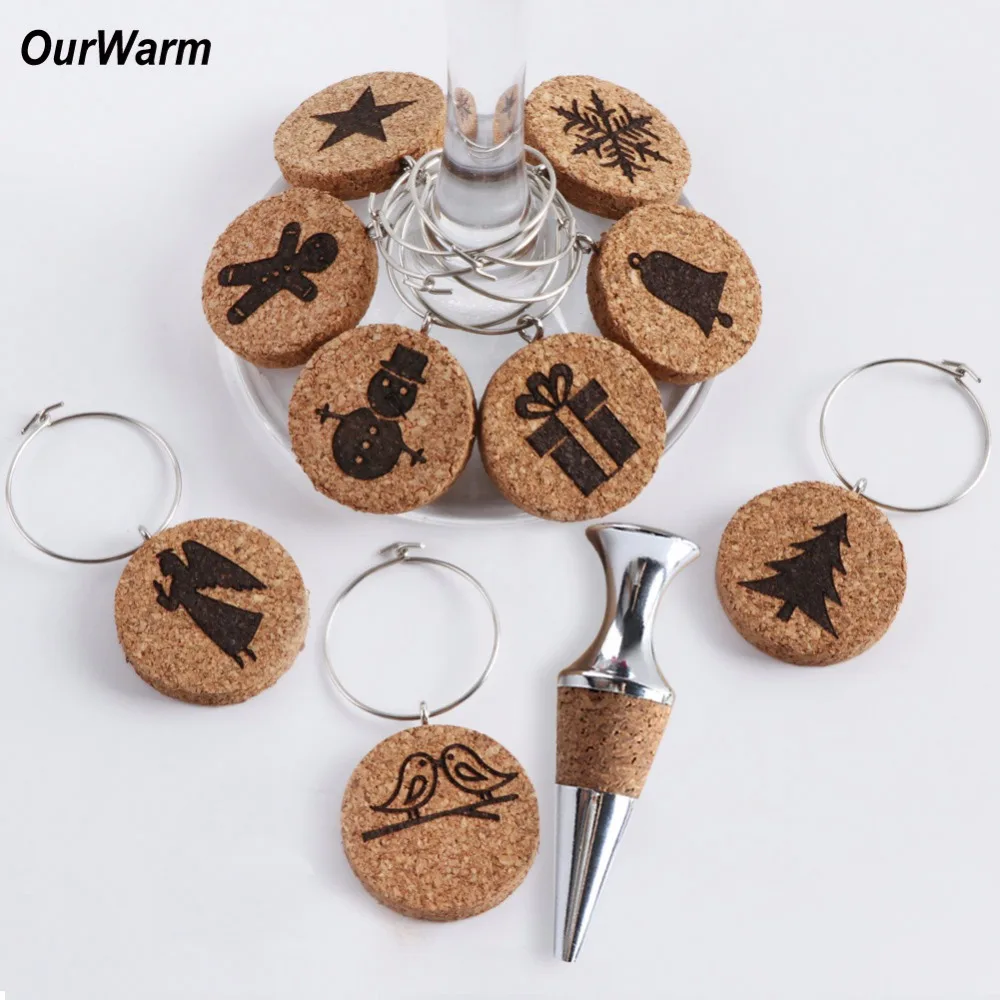 

OurWarm 1Box Christmas Pendants Cork Wine Bottle Stopper New Year Gift Wine Glass Charms Holiday Party Favors Table Decorations