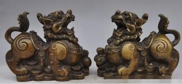 

S01876 China fengshui Bronze wealth Animal PiXiu Phylactery Guardian Beast Pair Statue B0403