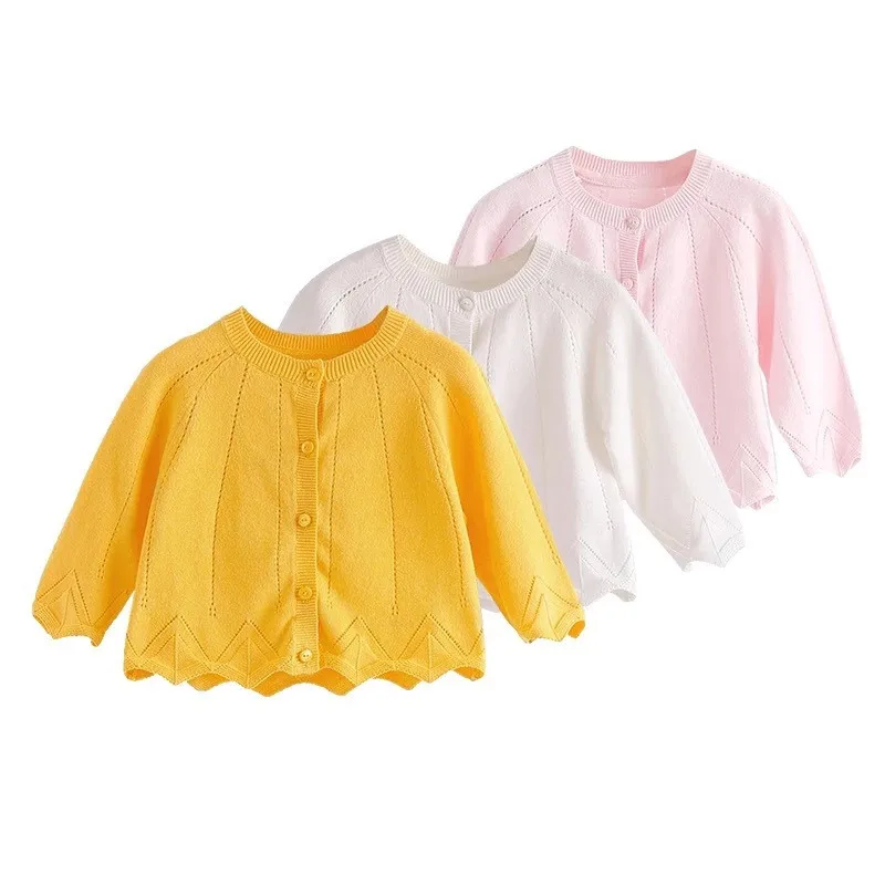 Lotus Leaf Baby Girl Sweater Sweet Princess Hollow Out Round Collar Long Sleeve Cardigan Pullover Outfit Solid Color Button Closure Coat Cotton Blended (3)