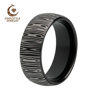 

8MM Damascus Ring Mens Tungsten Black Ring Wedding Band With Domed Brushed Engraved finish Comfort Fit