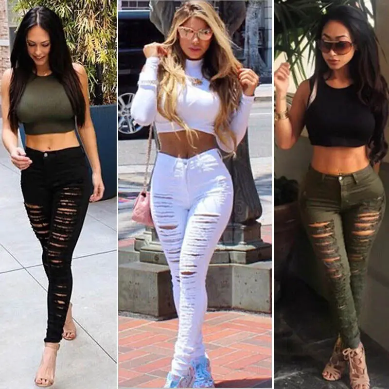 

New Fashion Women Skinny Ripped Hole Pants High Waist Stretch Slim Pencil Pants Trousers Stylish Womens Casual Capris