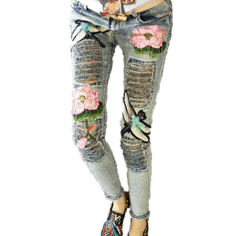 

Floral Pattern 2019 Female Leisure Flowers Embroidered Jeans Denim Trousers Stretchy Slim Casual Skinny Women pants