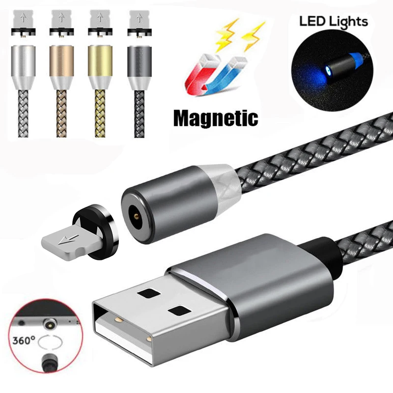 

1M LED Fast Magnetic Cable Charging Nylon Braided USB Charger Cable for iPhone X 8 7 6 6s Plus 5 5s SE iPad Air USB Magnet Plug