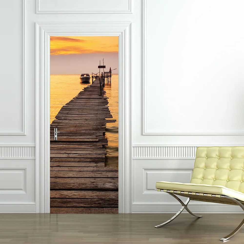 3d Tur Paste Meer Sonnenuntergang Pier Muster Wandaufkleber