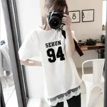 Экзо Новинка длинные сшивания сеанса Кружева с коротким рукавом EXO K-поп Лухан КРИС положить Kai Тао сделать одежду Футболки юбка