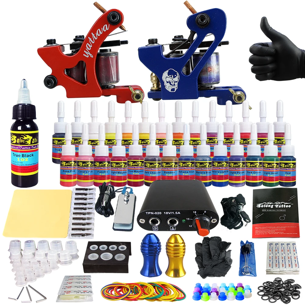 

Hybrid Complete Kit For Tattoo Liner and Shader Beginner Power Supply Foot Pedal Grips Needles Ink Set Tattoo Body&Art TK204-34