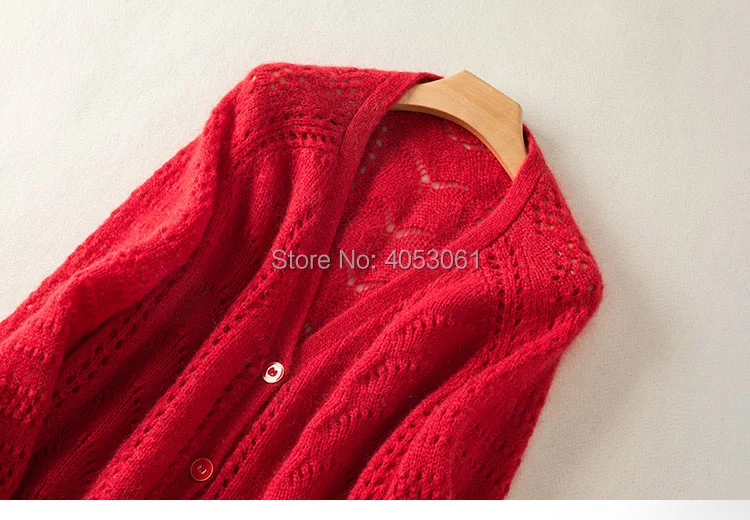 Latest Mohair& Wool Blend Jumper V Neck Hollow Out Button Front Knit Sweater- Female Camel Color Knitting Cardigan Top