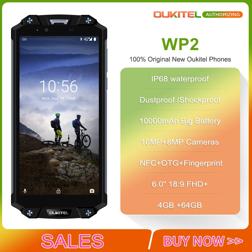 OUKITEL WP2 IP68 Водонепроницаемый NFC Смартфон 6," 18:9 MT6750T Восьмиядерный 4 Гб ОЗУ 64 Гб ПЗУ 10000 мАч отпечаток пальца мобильный телефон