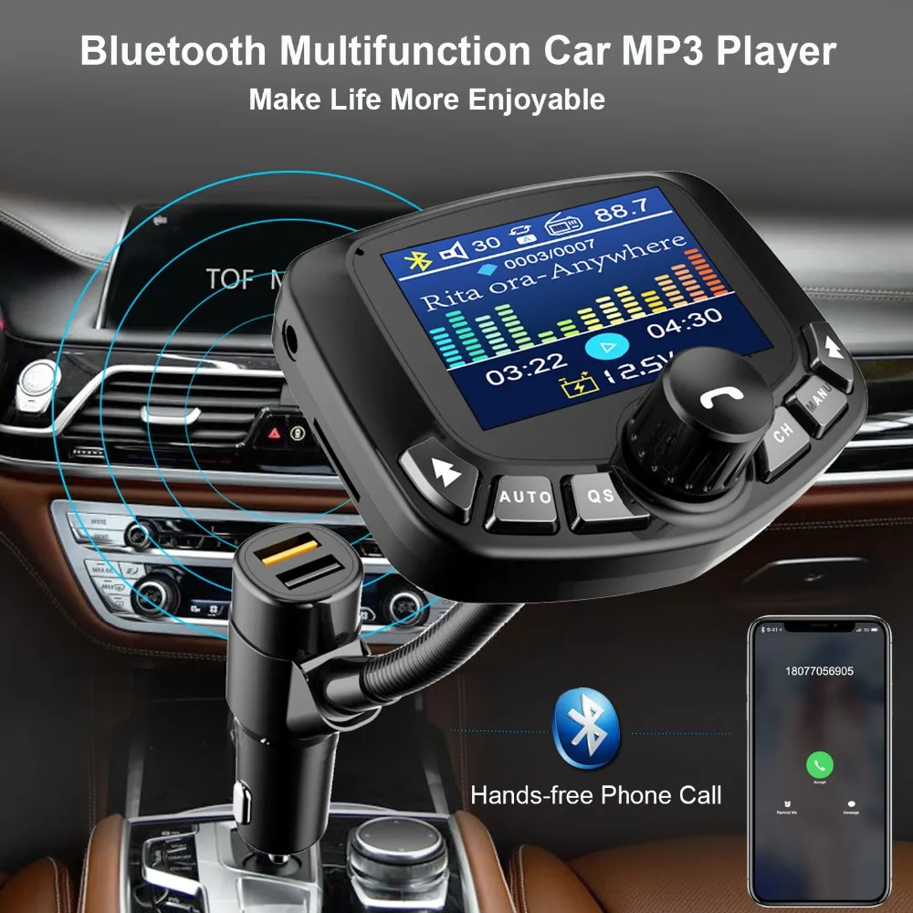 

2019 Bluetooth MP3 Player FM Transmitter Modulator Vehicle 3 USB Port AUX Port QC3.0 TF Card With 1.8 inch Screen
