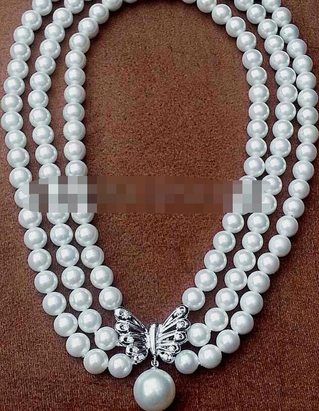 

3114 3row perfect round white south sea shell pearl necklace pendant
