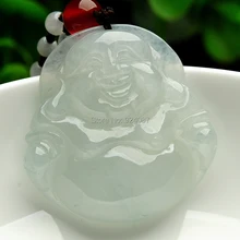 Натуральный лед восковой зеленый Ice Run нефрит Смеющийся Будда Кулон Бирма Будды кулон отправить груз Майтрея общественного сертификат