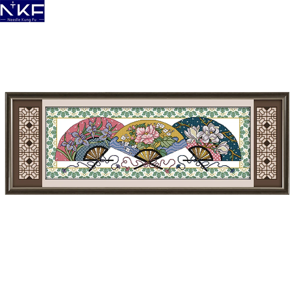 

NKF Three Fans Picture Cross Stitch Kits Embroidery Needlework Set 11CT 14CT Chinese Cross Stitch Pattern for Home Decor