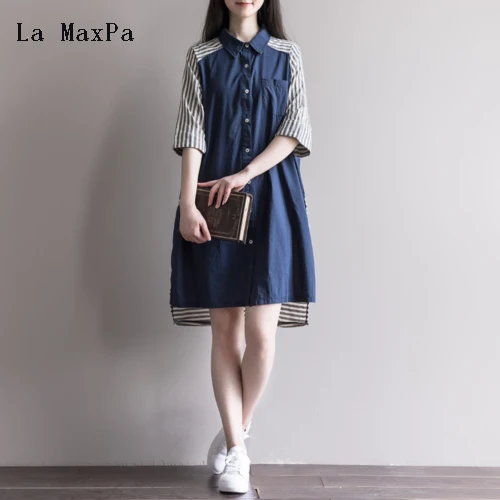 

La MaxPa Summer Women Dress Cute A Line Turn Down Collar Striped Half Sleeve Patchwork Single Breasted Pocket Shirt Dress M-XXL
