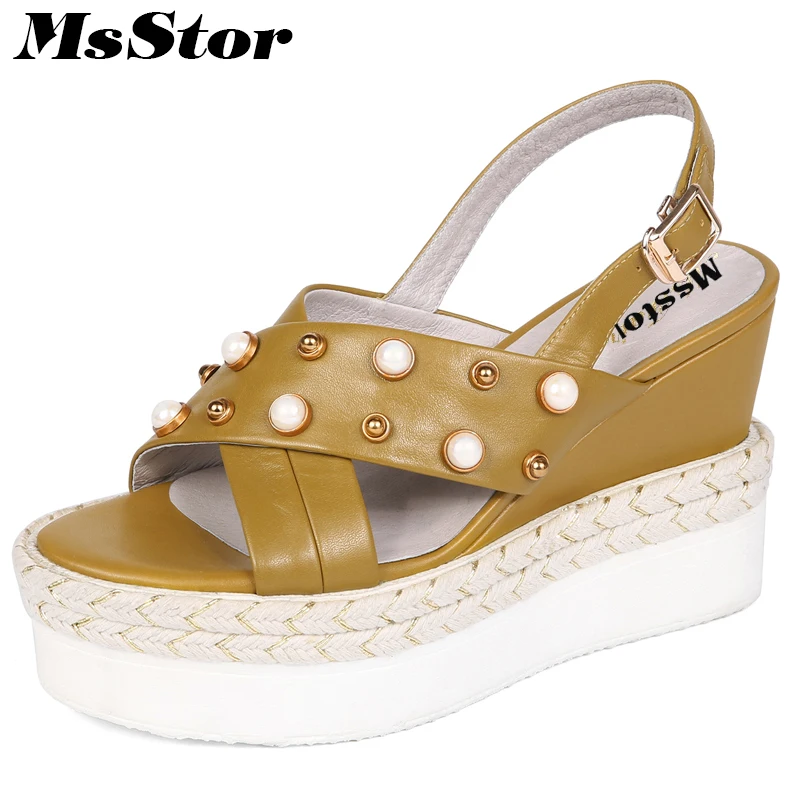 

MsStor Round Toe Wedges Women Sandals Fashion Buckle Platform Med Heel Ladies Sandals 2018 Open Toe Rivet Pearl Women's Sandals