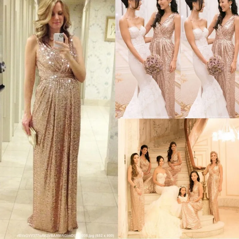 Cheap Sequins Bridesmaid Dresses Long Rose Gold/Champagne Maid Of Honor