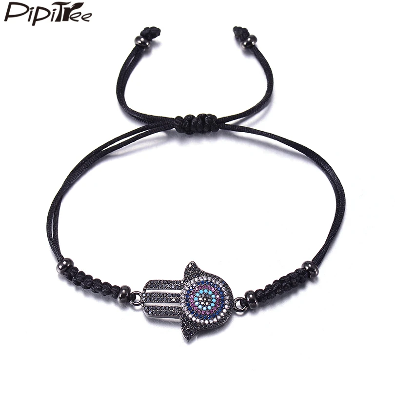 

Pipitree Micro Full Black CZ Hamsa Hand Bracelet Men Women Jewelry Black Rope Braiding Macrame Bracelets & Bangles for Men Gift