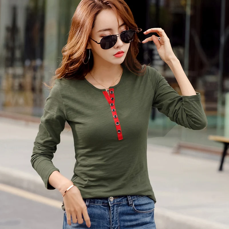 

shintimes Contrast Color Button T Shirt Women Tshirt Fashion Clothes 2019 Tops Autumn Long Sleeve Cotton T-Shirt Femme Plus Size