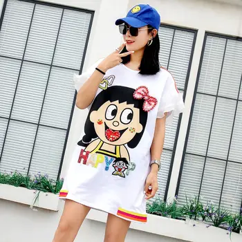 

Thai street fashion cartoon sequins loose T-shirt female long section was thin petal print short-sleeved summer