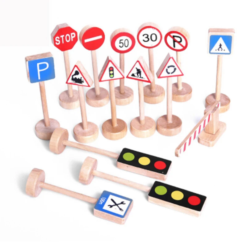New 15PCS Colorful Wooden Street Traffic Signs Parking Scene Kids