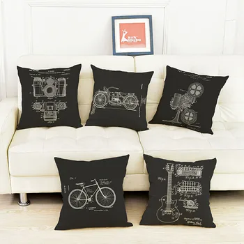 

Black Background Vintage Motorcycle Guitar Bicycle Camera Pattern Linen Throw Pillow Cases Creative Decoration Cushion Cover