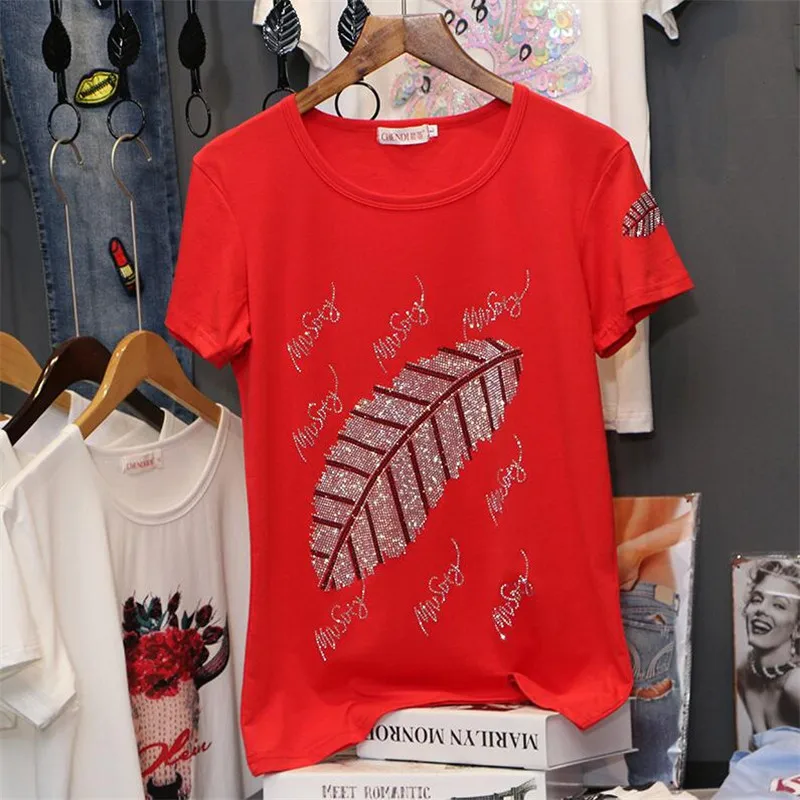 

Hiawatha Red/White Summer Short Sleeve T-Shirt Women's Fashion Feather Hot Drilling Tops Tees TX078