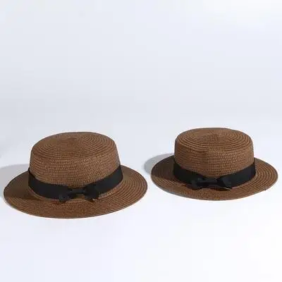 Популярная Солнцезащитная шляпа для родителей и детей, женские и мужские солнцезащитные шляпы, соломенная шляпа ручной работы с бантом, пляжная шляпа с плоским козырьком, Повседневная летняя кепка для девочек 52-55-58см - Цвет: coffee